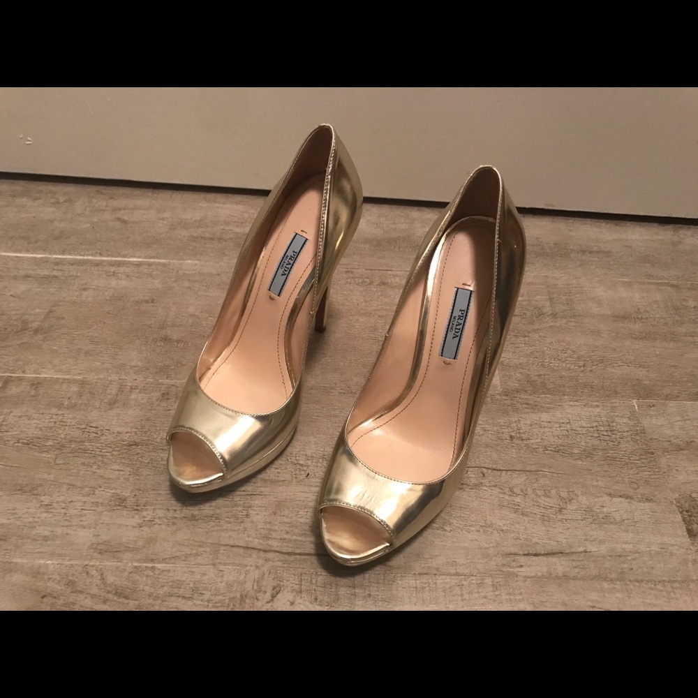 Gold prada peep toe pumps